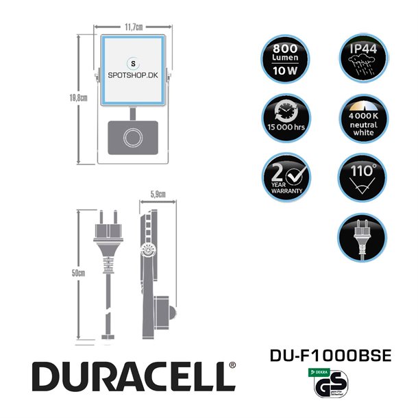 DURACELL LED projektør 10W med sensor 800 lumen #DU-F1000BSE  HjælpVis